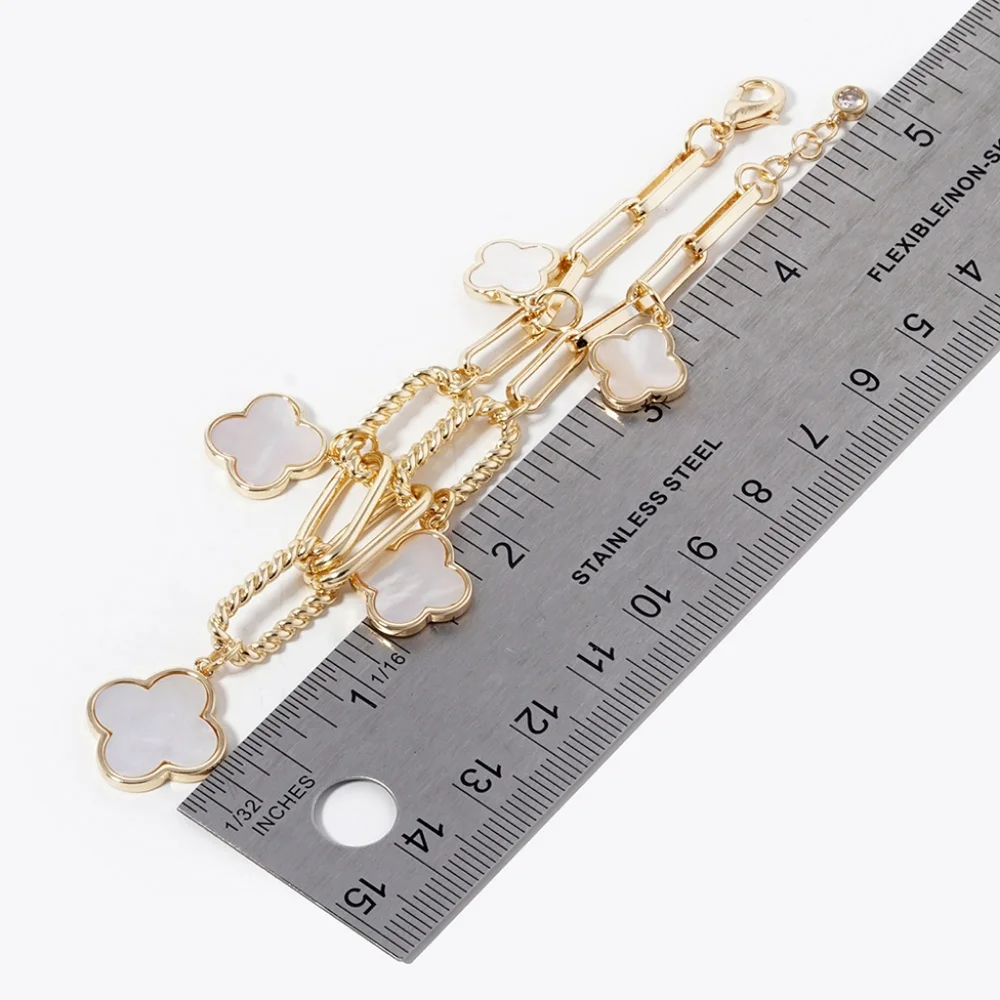 White Gold Clover Mother of Pearl Quatrefoil Station Dangle Charm Bracelet Chain